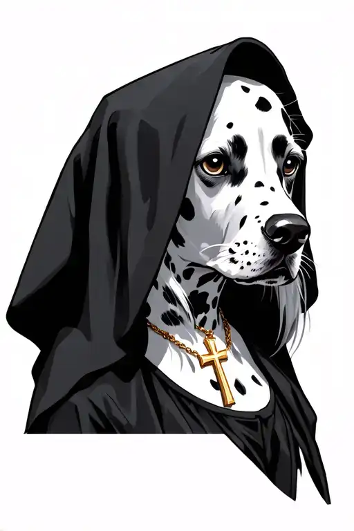 anthro dalmatian nun, furry, open chest, long white hair, golden cross necklace, dark eyes, tattoo design idea