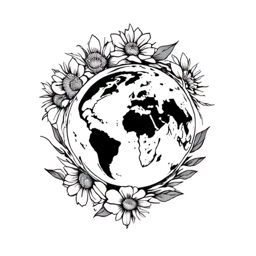 Tattoo of goddess Gaia holding planet earth with flowers around tattoo design idea