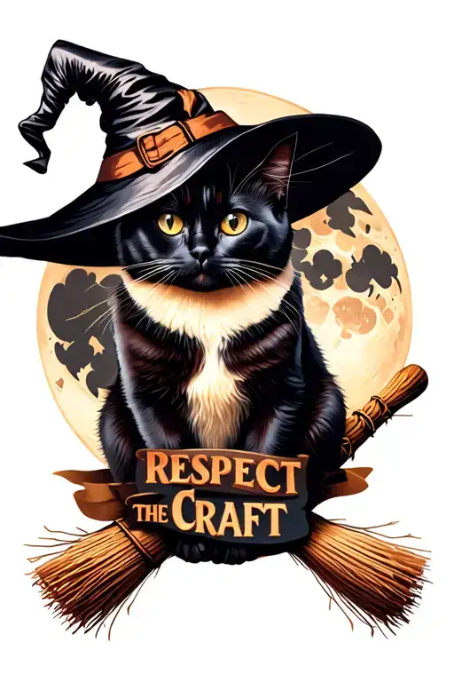 "Respect the Craft" witch hat crecent moon broomstick black cat sitting tattoo design idea