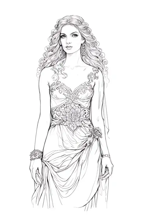 Boudicca in Art Nouveau style portrait full body tattoo design idea