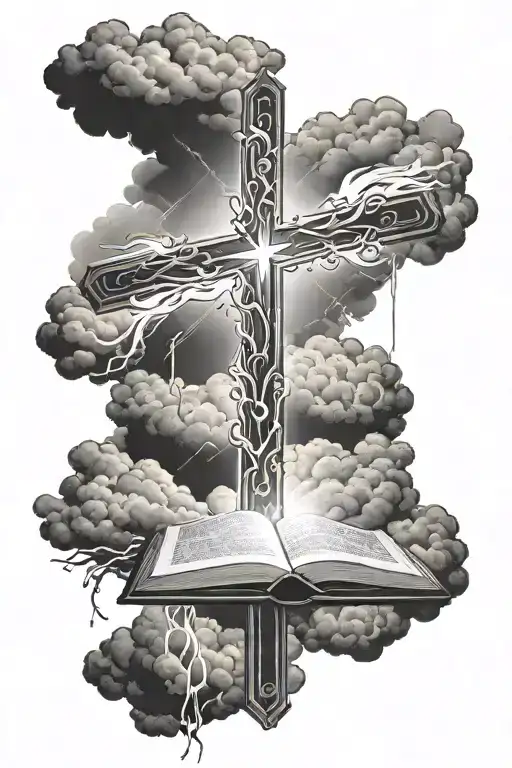 crosses with light rays shining clouds with bible verse tattoo design idea