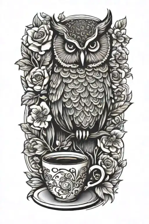 cute owl, coffee cup, tree, flowers tattoo design idea
