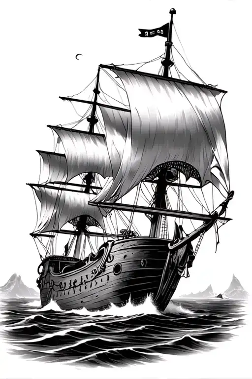 hunted pirate ship sailing with big beautiful sails  tattoo design idea