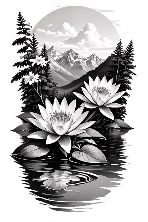 realistic mountain lake with larkspur flower and waterLilly tattoo design idea