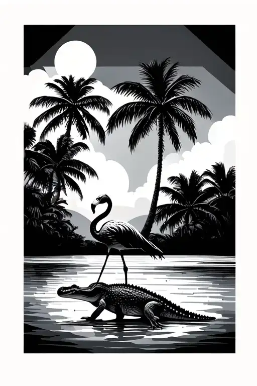 flamingo on top of alligator palm trees beach themed in geometric rhombis design  tattoo design idea