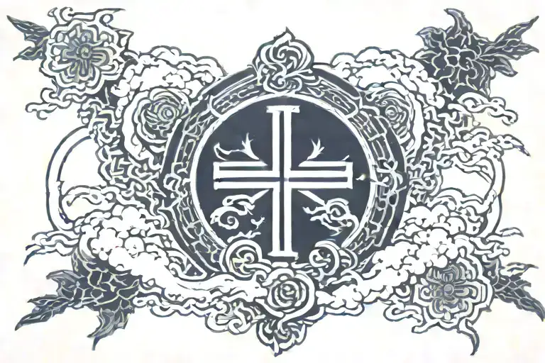 Make me a cross tattoo with the sun rising and the bottom of the cross have a more samurai bottom tattoo design idea