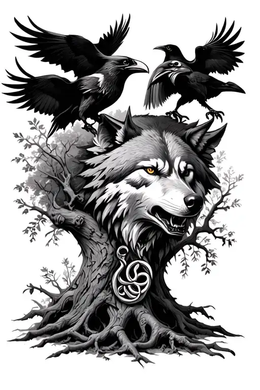 ravens sitting under wolfs head with triskelion and hangman tree growing from the wolfs head  tattoo design idea