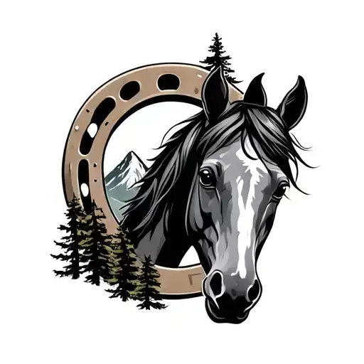 horse horseshoe trees and mountain  tattoo design idea
