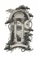arch monument with plain vines wrapping the arch, and dark thunderstorm inside the arch. tattoo design idea