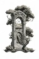 arch monument with plain vines wrapping the arch, and dark thunderstorm inside the arch. tattoo design idea