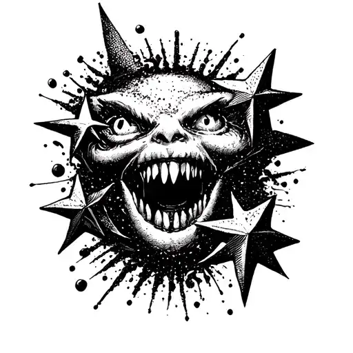 turbulent abyss with 3 big stars and demonic eyes and teeth around tattoo design idea