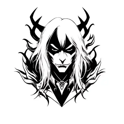 make a tattoo image that is inspired by Alucard from Hellsing anime, that has neotribal, goth, vampire style and it on l tattoo design idea