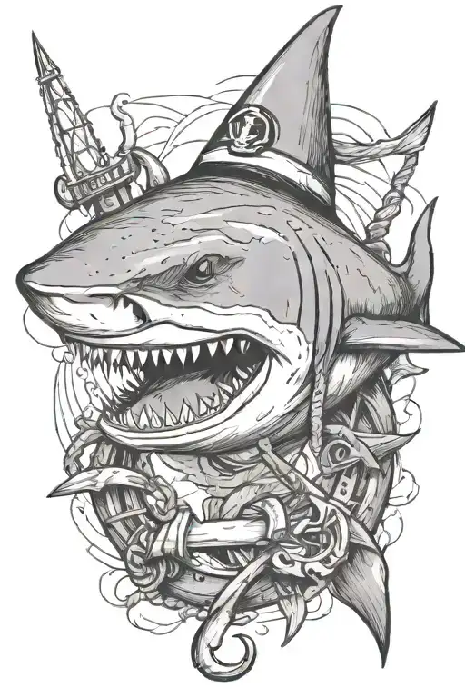 shark biting an anchor wearing a sailor hat tattoo design idea