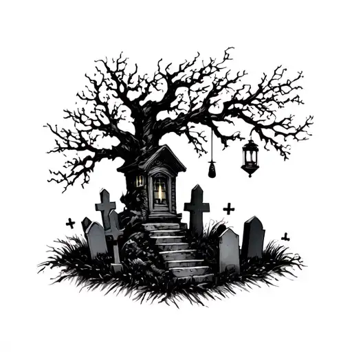 graveyard with tree and hanging lantern tattoo design idea