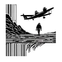 Blackwork chest piece, walking figure on horizon line, travel arcs, small plane, barcode elements. tattoo design idea