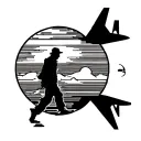 Blackwork chest piece, walking figure on horizon line, travel arcs, small plane, barcode elements. tattoo design idea