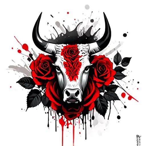 Bull's head, black roses and leaves in the background tattoo design idea