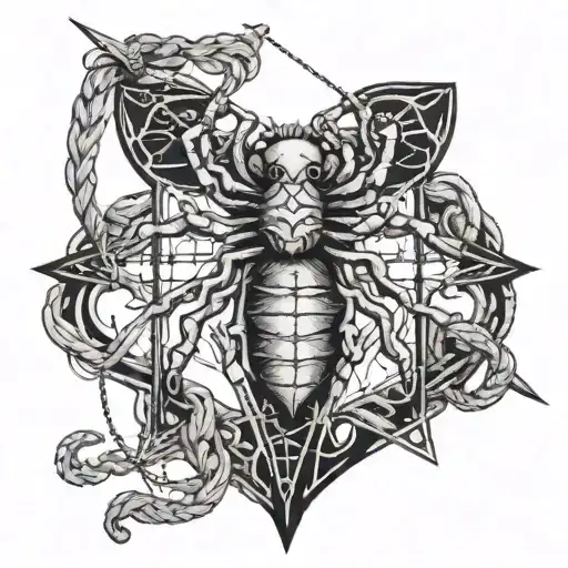 a puppet cross and a heart attached to it with threads, a small spider descends along the thread tattoo design idea