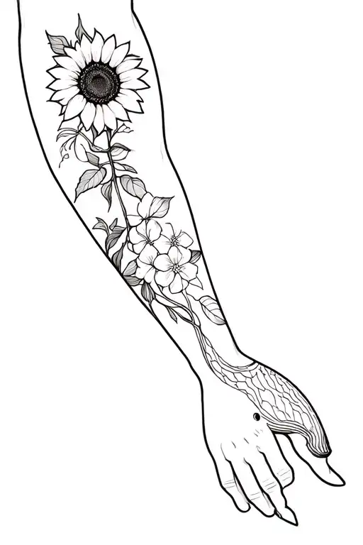 Design a unique inner forearm tattoo including Bougainville, sunflower and whale couple for a man. tattoo design idea