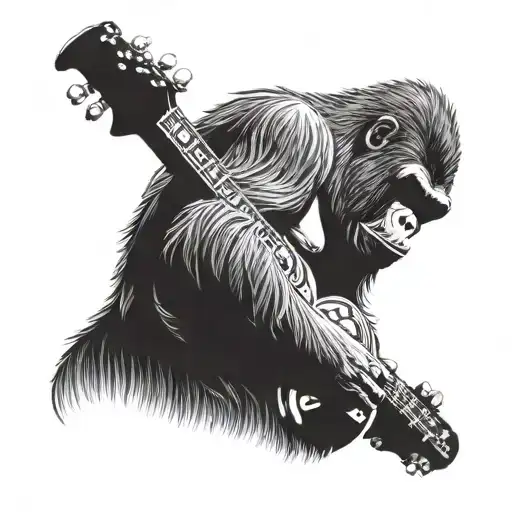 Illustrate a gorilla jamming out on a guitar with intricate wood grain patterns as the background tattoo design idea