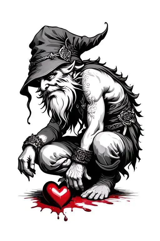 Evil Redcap Gnome Kneeling over a Bloody heart tattoo design idea