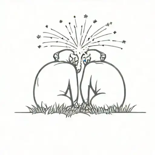 outline of the back view of two elephants sitting in the grass, leaning their heads on eachother, looking at fireworks tattoo design idea