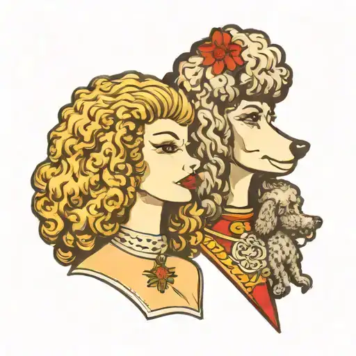 poodle and lady head profile holding tattoo design idea