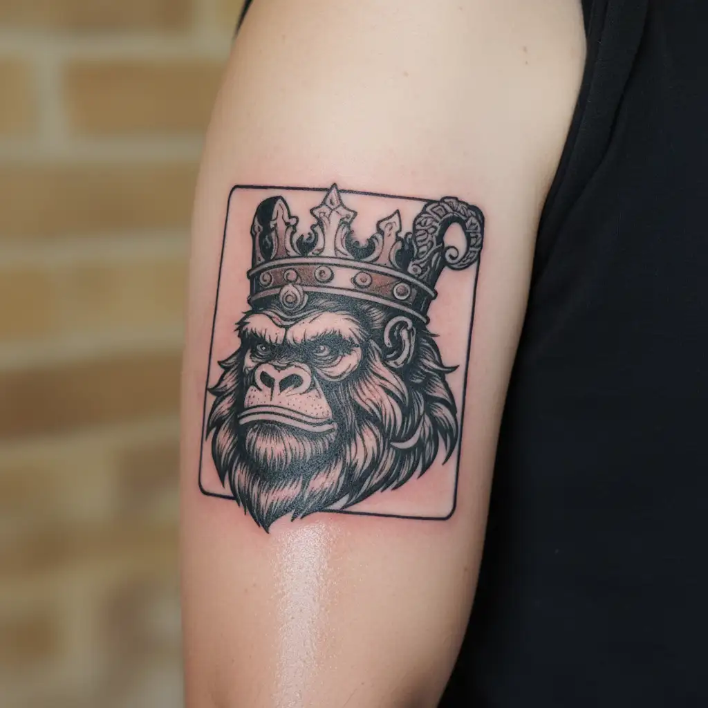 gorilla wearing crown and smirk anger lion face tattoo design idea