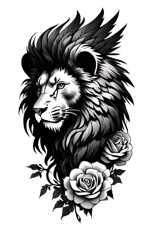 lion head phoenix tattoo with roses tattoo design idea