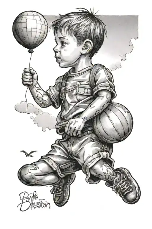 Upper arm and shoulder tattoo of a little boyin shorts letting go of a balloon and looking up towards the sky where his  tattoo design idea