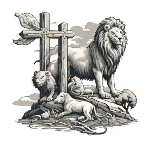 3 crosses on a hill with a lion and lamb at the foot of the middle cross tattoo design idea