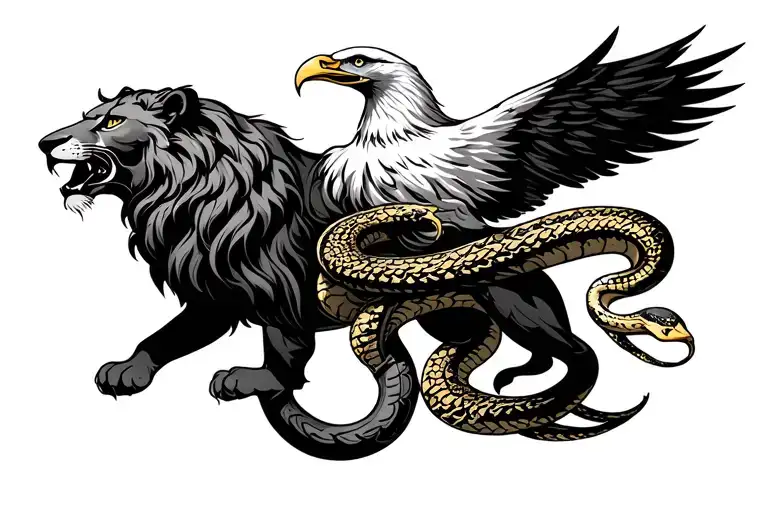 tribal tattoo of a lion, eagle and python  tattoo design idea