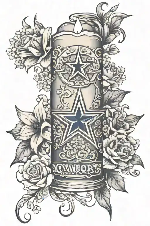 A black and grey design of a memorial candle with the Dallas Cowboys star logo carved into the wax, surrounded by delicate floral accents and a subtle nod to Bud Light beer tattoo design idea