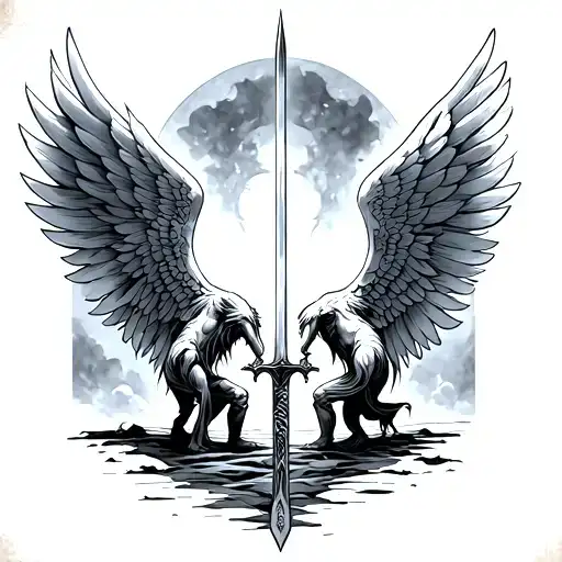 Two Angles tattoo with wings like that of trey songs the sword held to the ground. The two angles are facing each other  tattoo design idea