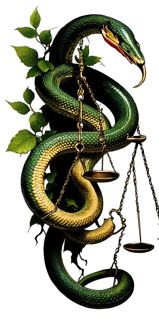 "Vines snake down the cracks" Broken Libra scales, one side falling off tattoo design idea