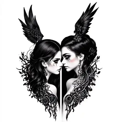 Goth Cyborg Gemini Sisters Conjoined Facing Each Other tattoo design idea