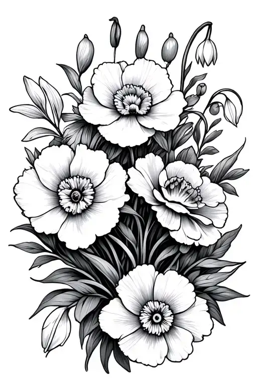 carnations, snowdrops, daffodils,  intertwined tattoo design idea