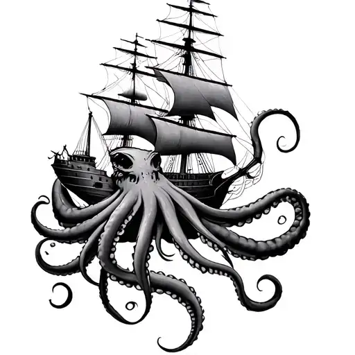 a sail ship with a giant squid wrapping its tentacles tattoo design idea