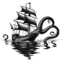 a sail ship with a giant squid wrapping its tentacles tattoo design idea