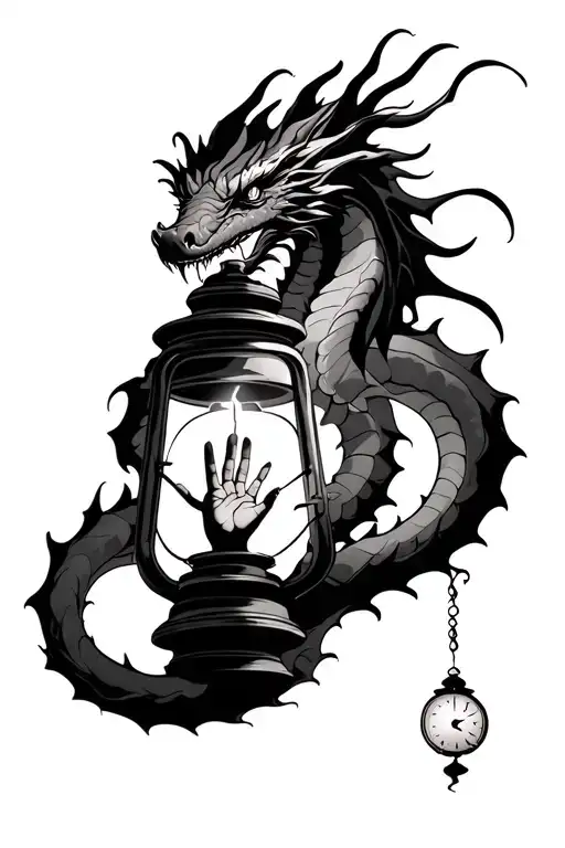 dragon wrapped around a lantern. inside the lantern is a hand with sand running through it representing time going by tattoo design idea