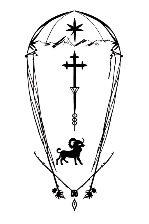 Cordist and Cross of Lorraine, mountain and astrological sign lion and ram, and a parachute tattoo design idea