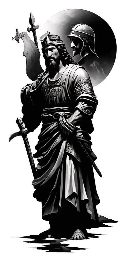 Jesus of Nazareth and a Warrior Samurai head with helmet tattoo design idea