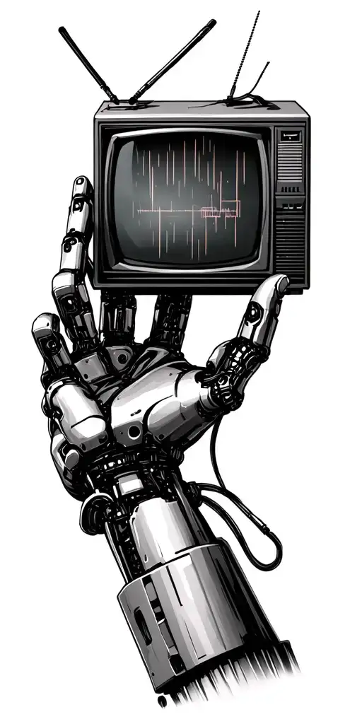 A robotic hand holding a vintage television set, with static on the screen and wires connecting to the fingers tattoo design idea