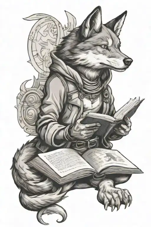 lone wolf with sigma female character reading a book tattoo design idea