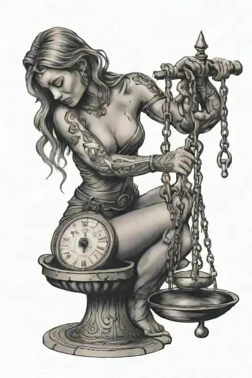 kneeling sobbing libra woman with eyes closed struggling to hold and balance the scales  tattoo design idea