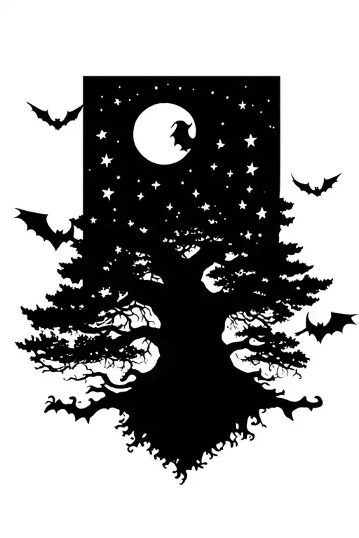 tree with roots and 2 bats flying across and moon surrounded by 21 stars tattoo design idea