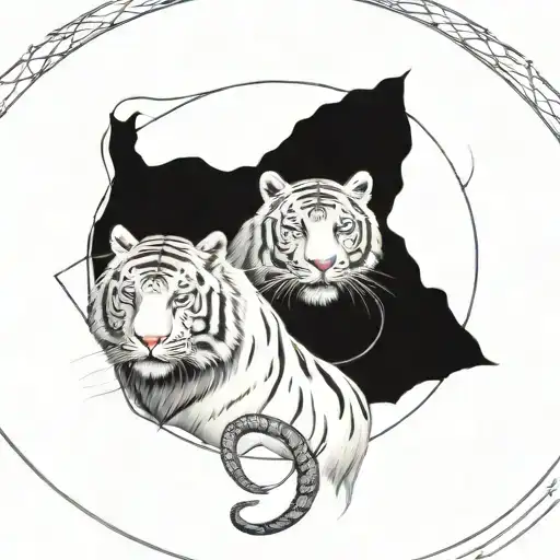 A majestic white tiger at the center, wrapped by an elegant snake. Above, an intricate dream catcher with delicate feath tattoo design idea