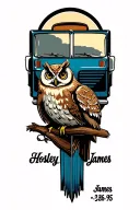 "Hosley  James. 3-26-95 " semi truck and owl sitting together tattoo design idea