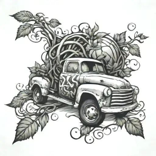 92' chevy truck with vines growing inside surrounded with a basketball  tattoo design idea
