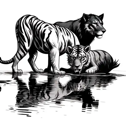 A tiger drinking at the water hole A lion walking up to drink behind him Also a black wolf walking behind the tiger  tattoo design idea